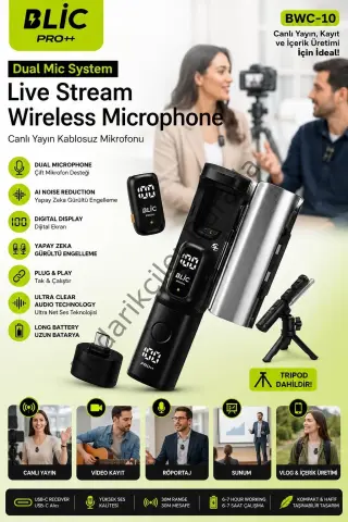 Profesyonel Kablosuz Yaka Mikrofonu Çiftli Vlog Canlı Yayın Röportaj Mikrofonu Bwc-10