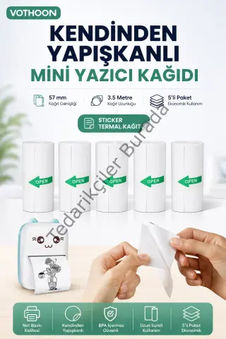 Kendinden Yapışkanlı Çocuk Kamera Baskı Kağıdı, 5’li Rulo 57x25mm Baskı Termal Kağıt Rulo
