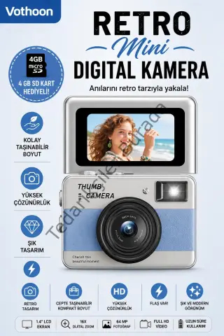Retro Mini Dijital Kamera 1080p 1.47 İnç Flip Ekranlı Flaşlı Selfie Vlog Kamerası 4gb Sd Hediyeli Mavi