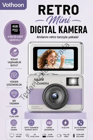 Retro Mini Dijital Kamera 1080p 1.47 İnç Flip Ekranlı Flaşlı Selfie Vlog Kamerası 4gb Sd Hediyeli Mor