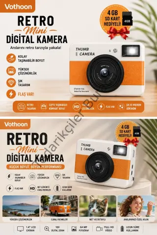 Retro Mini Dijital Kamera 1080p 1.47 İnç Flip Ekranlı Flaşlı Selfie Vlog Kamerası 4gb Sd Hediyeli Turuncu