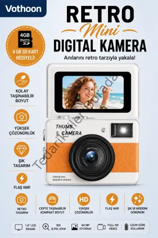 Retro Mini Dijital Kamera 1080p 1.47 İnç Flip Ekranlı Flaşlı Selfie Vlog Kamerası 4gb Sd Hediyeli Turuncu