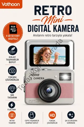 Retro Mini Dijital Kamera 1080p 1.47 İnç Flip Ekranlı Flaşlı Selfie Vlog Kamerası 4gb Sd Hediyeli Pembe