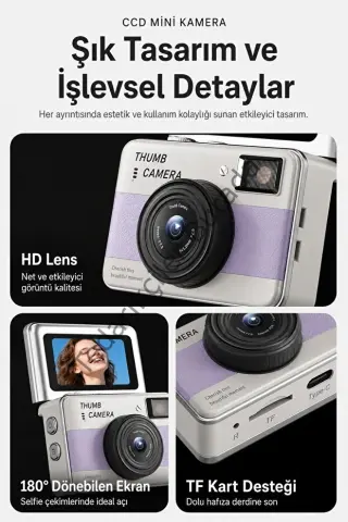 Retro Mini Dijital Kamera 1080p 1.47 İnç Flip Ekranlı Flaşlı Selfie Vlog Kamerası 4gb Sd Hediyeli Pembe