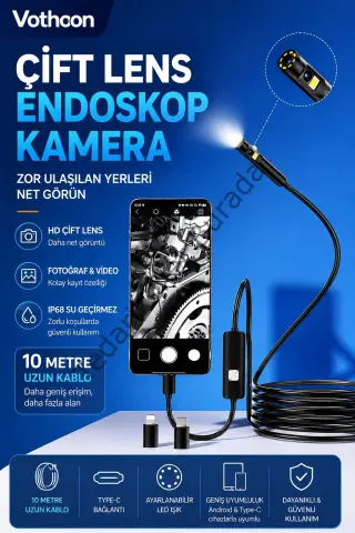 10 Metre Çift Kameralı İos/android Uyumlu Yılan Endoskop Kamera 8mm 2mp Led’li Sert Kablo