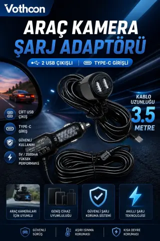 Araç Kamera Şarj Adaptörü 2 Usb’li Type-c Girişli 3.5 Metre Kablo Uzunluğu(ürün Kamera Değildir)