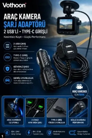 Araç Kamera Şarj Adaptörü 2 Usb’li Type-c Girişli 3.5 Metre Kablo Uzunluğu(ürün Kamera Değildir)