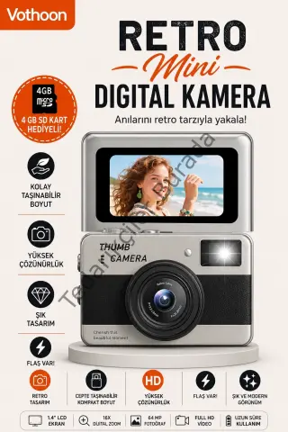 Retro Mini Dijital Kamera 1080p 1.47 İnç Flip Ekranlı Flaşlı Selfie Vlog Kamerası 4gb Sd Hediyeli Siyah