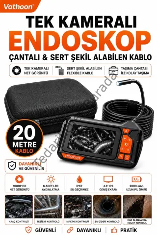 Ekranlı Tek Kameralı 20 Mt Sert Kablo Yılan Endoskop Kamera 8 Mm 4.3 Inc