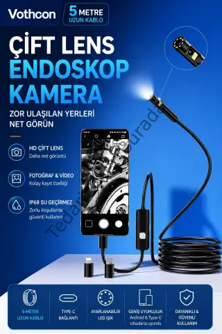 5 Metre Çift Kameralı İos/android Uyumlu Yılan Endoskop Kamera 8mm 2mp Led’li Sert Kablo