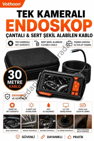 Ekranlı Tek Kameralı 30 Mt Sert Kablo Yılan Endoskop Kamera 8 Mm 4.3 Inc