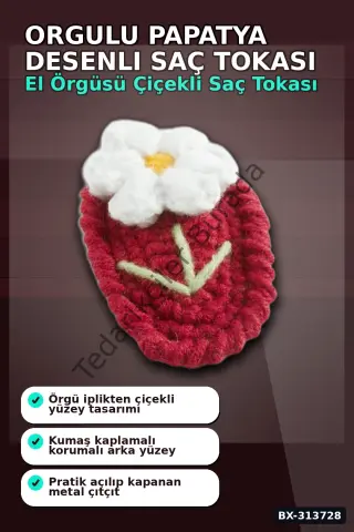 Örgülü 6.5 Cm Metal Papatya Desenli Çıtçıtlı Saç Tokası - El İşi Aksesuar BX-313728