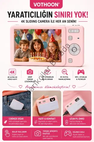 Dijital Kamera 4k Hd 48mp 16x Zoom Flaşlı Kayar Retro Video Kamera 2.8’’ Ekran 64gb Sd Kart Hediyeli Pembe