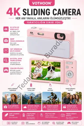 Dijital Kamera 4k Hd 48mp 16x Zoom Flaşlı Kayar Retro Video Kamera 2.8’’ Ekran 64gb Sd Kart Hediyeli Pembe