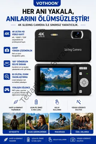 Dijital Kamera 4k Hd 48mp 16x Zoom Flaşlı Kayar Retro Video Kamera 2.8’’ Ekran 64gb Sd Kart Hediyeli Siyah