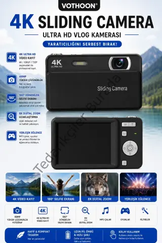 Dijital Kamera 4k Hd 48mp 16x Zoom Flaşlı Kayar Retro Video Kamera 2.8’’ Ekran 64gb Sd Kart Hediyeli Siyah