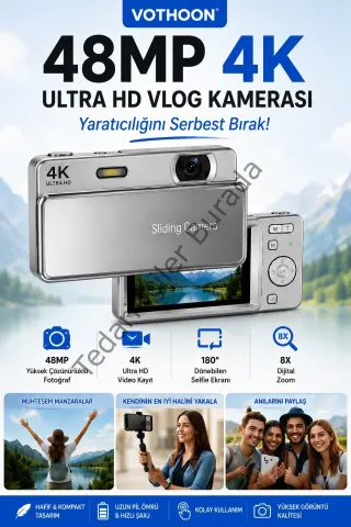 Dijital Kamera 4k Hd 48mp 16x Zoom Flaşlı Kayar Retro Video Kamera 2.8’’ Ekran 64gb Sd Kart Hediyeli Gümüş