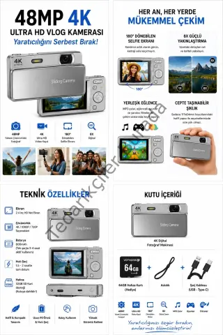 Dijital Kamera 4k Hd 48mp 16x Zoom Flaşlı Kayar Retro Video Kamera 2.8’’ Ekran 64gb Sd Kart Hediyeli Gümüş