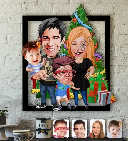 Kişiye Özel Yeni Yıl Aile Karikatürlü 3D Ahşap Tablo-5