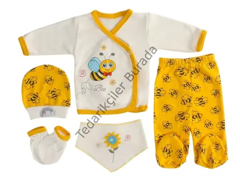5`li Şişme Mini Arı Desenli Unisex Zıbın Takımı – Yenidoğan Seti