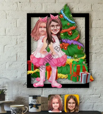 Kişiye Özel Yeni Yıl Kız Kardeşler Karikatürlü 3D Ahşap Tablo-1