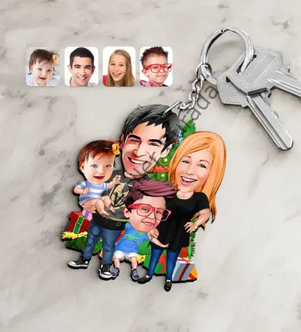 Kişiye Özel Yeni Yıl Aile Karikatürlü Ahşap Anahtarlık-5