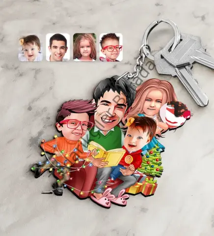 Kişiye Özel Yeni Yıl Aile Karikatürlü Ahşap Anahtarlık-6