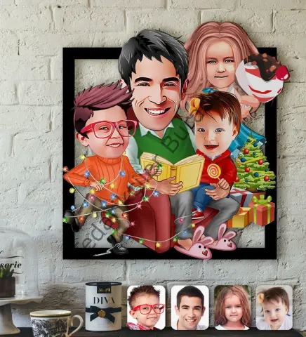 Kişiye Özel Yeni Yıl Aile Karikatürlü 3D Ahşap Tablo-6