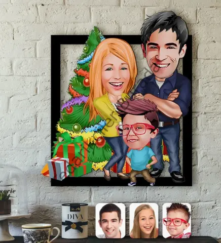 Kişiye Özel Yeni Yıl Aile Karikatürlü 3D Ahşap Tablo-3