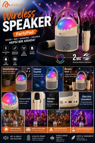 Partypod Bluetooth 5.3 Destekli Çok Fonksiyonlu Kablosuz Mikrofon Ve Hoparlör