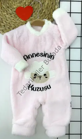 3-6-9-12 Ay Kuzu Tüylü Kumaş Annesinin Kuzusu Nakışlı Alttan Çıtçıtlı Kız Erkek Bebek Tulumu