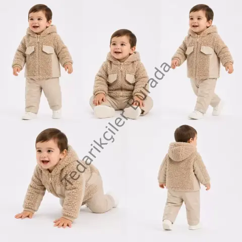 6/24 Ay Deri Detaylı Ceketli Kuzu Bebek Takımı