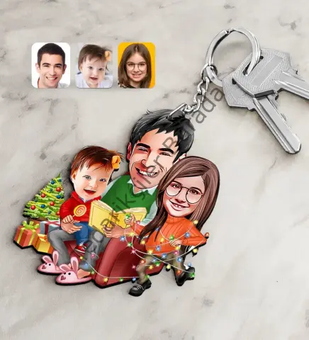 Kişiye Özel Yeni Yıl Aile Karikatürlü Ahşap Anahtarlık-2