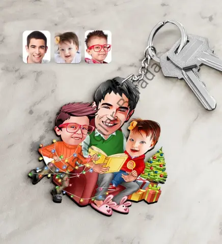 Kişiye Özel Yeni Yıl Aile Karikatürlü Ahşap Anahtarlık-1