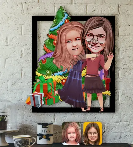 Kişiye Özel Yeni Yıl Kız Kardeşler Karikatürlü 3D Ahşap Tablo-3