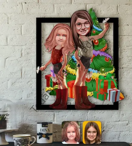 Kişiye Özel Yeni Yıl Kız Kardeşler Karikatürlü 3D Ahşap Tablo-2