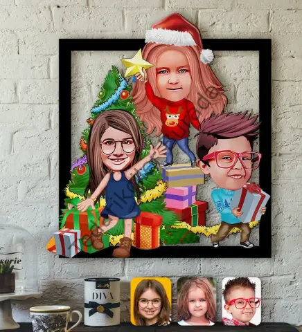 Kişiye Özel Yeni Yıl 3 Kardeş Karikatürlü 3D Ahşap Tablo-1
