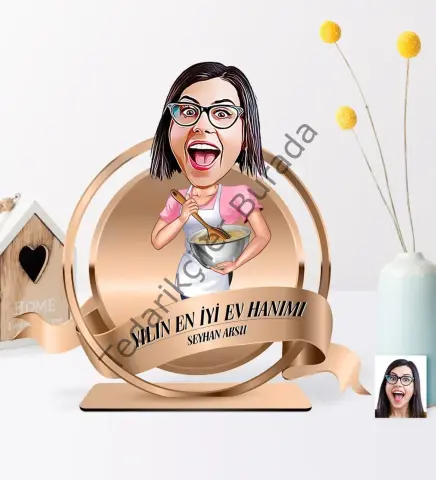 Kişiye Özel Yılın En İyi Ev Hanımı Karikatürlü 3D Ahşap Biblo Plaket - 3