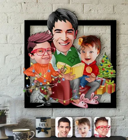 Kişiye Özel Yeni Yıl Aile Karikatürlü 3D Ahşap Tablo-1