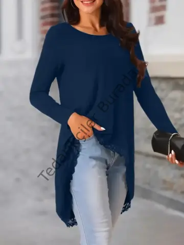 Kadın Uzun Kollu Bisiklet Yaka Asimetrik Kesim Detaylı Dantelli Viskon Bluz
