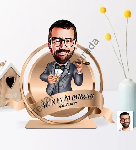 Kişiye Özel Yılın En İyi Bay Patronu Karikatürlü 3D Ahşap Biblo Plaket - 3
