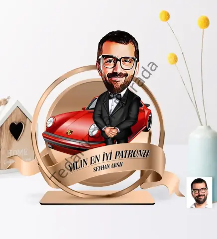 Kişiye Özel Yılın En İyi Bay Patronu Karikatürlü 3D Ahşap Biblo Plaket - 1