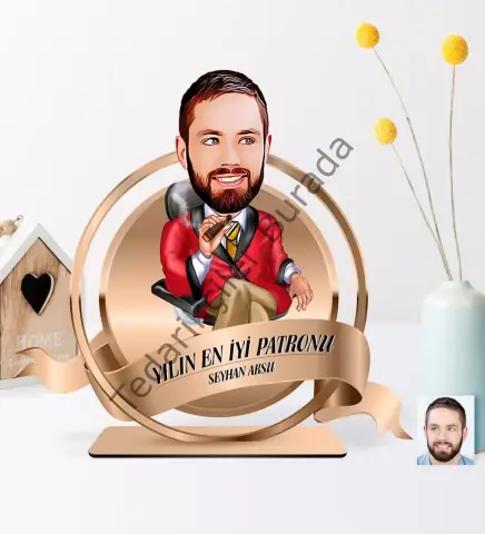 Kişiye Özel Yılın En İyi Bay Patronu Karikatürlü 3D Ahşap Biblo Plaket - 2