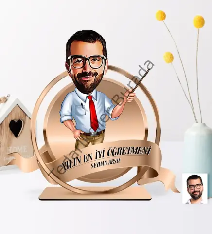 Kişiye Özel Yılın En İyi Bay Öğretmeni Karikatürlü 3D Ahşap Biblo Plaket - 1