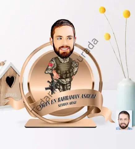 Kişiye Özel Yılın En Kahraman Askeri Karikatürlü 3D Ahşap Biblo Plaket