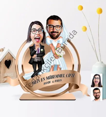Kişiye Özel Yılın En Mükemmel Çifti Karikatürlü 3D Ahşap Biblo Plaket - 16