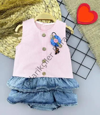 6-9-12-18 Ay Gül Rozet Detaylı Kot Kilotlu Etek Kız Bebek Elbisesi