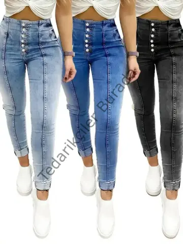 Kadın Yüksek Bel önden Düğmeli Jean Pantolon