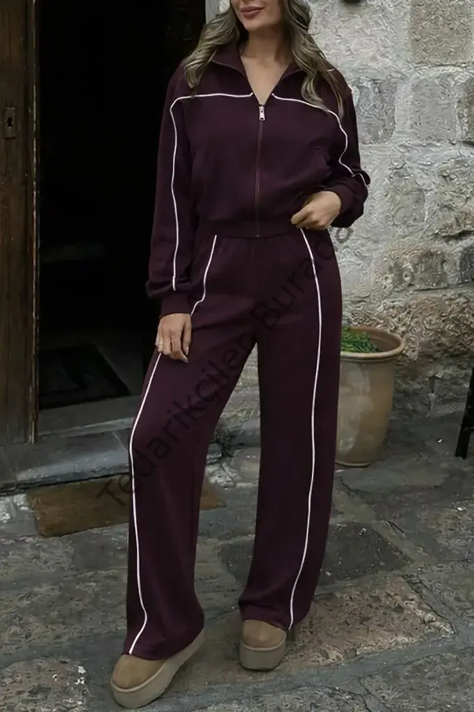 Kadın Uzun Kollu önden Fermuarlı Bluz Ve Pantolon Modal Ikili Takım