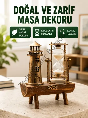 Ahşap Gövdeli Deniz Feneri Formlu Kum Saati – 15x20 Cm Masa Dekoru Yeni Nesil